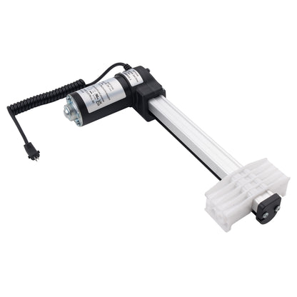 An industrial linear slide motor with a white aluminum rail, black motor housing, and a white plastic end block, shown on a solid white background.