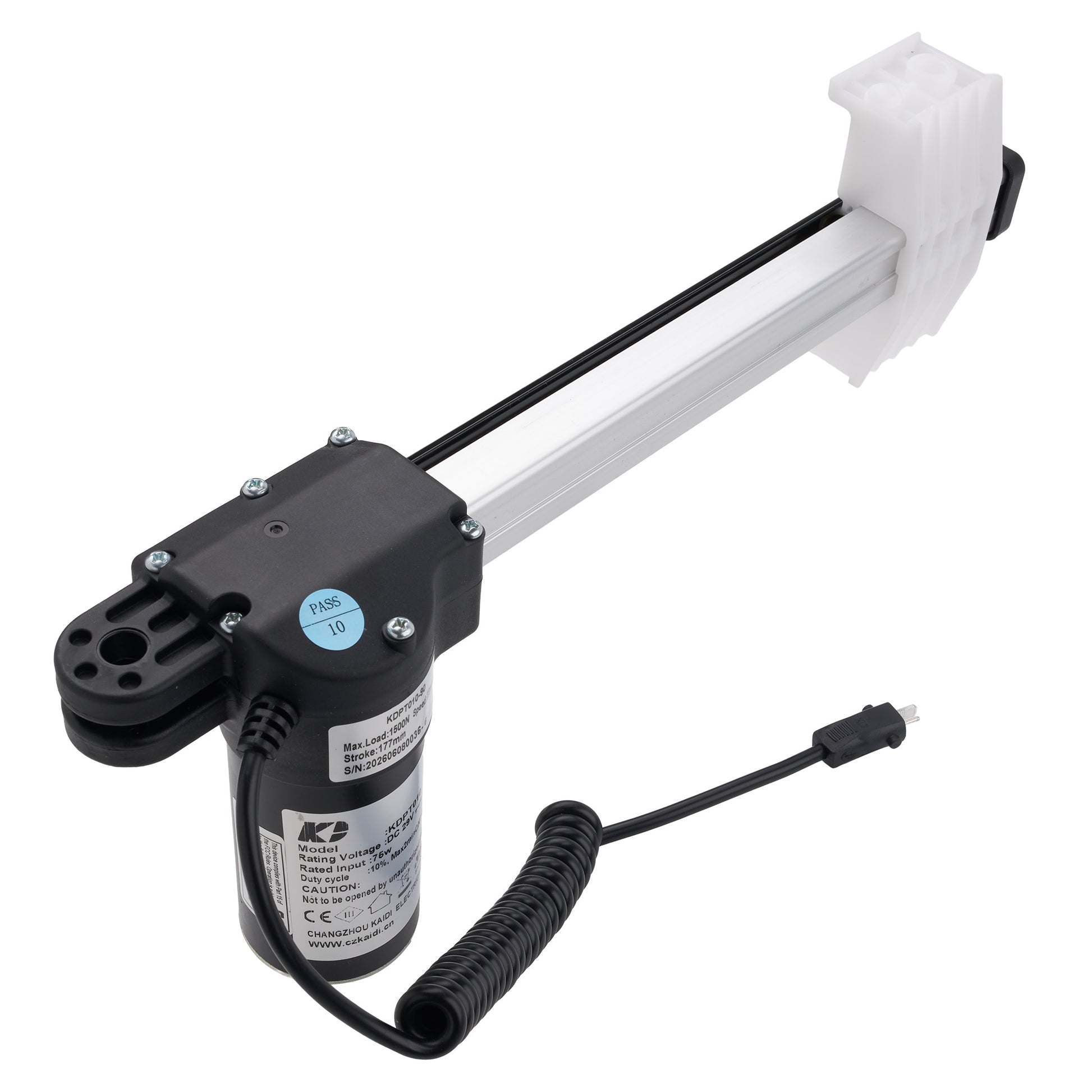 K2 brand linear electric actuator with a black motor housing, silver aluminum rail, black cable, and white plastic end cap, shown on a white background.