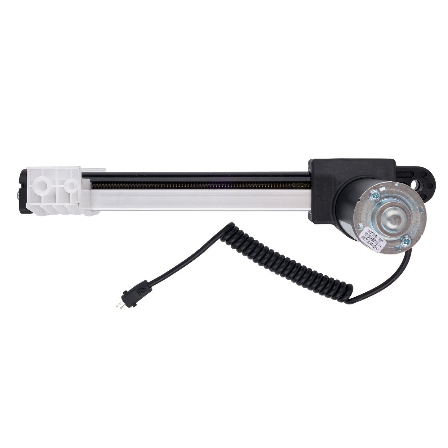 A linear electric actuator with a silver metal rod, black end caps, a black motor housing, a coiled black power cable, and a white plastic end piece on a plain white background.
