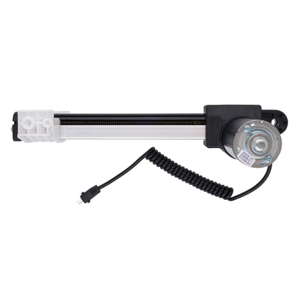 A linear electric actuator with a silver metal rod, black end caps, a black motor housing, a coiled black power cable, and a white plastic end piece on a plain white background.