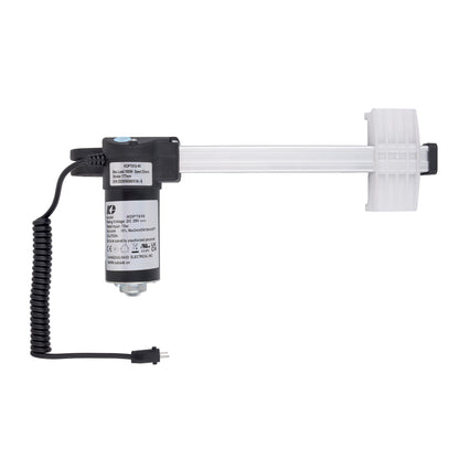 A linear electric actuator with a black motor housing, white linear rail, and a coiled black power cable, shown against a plain white background.