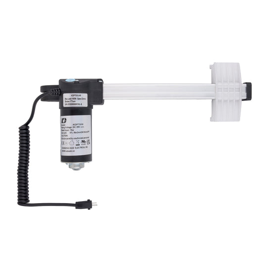 A linear electric actuator with a black motor housing, white linear rail, and a coiled black power cable, shown against a plain white background.