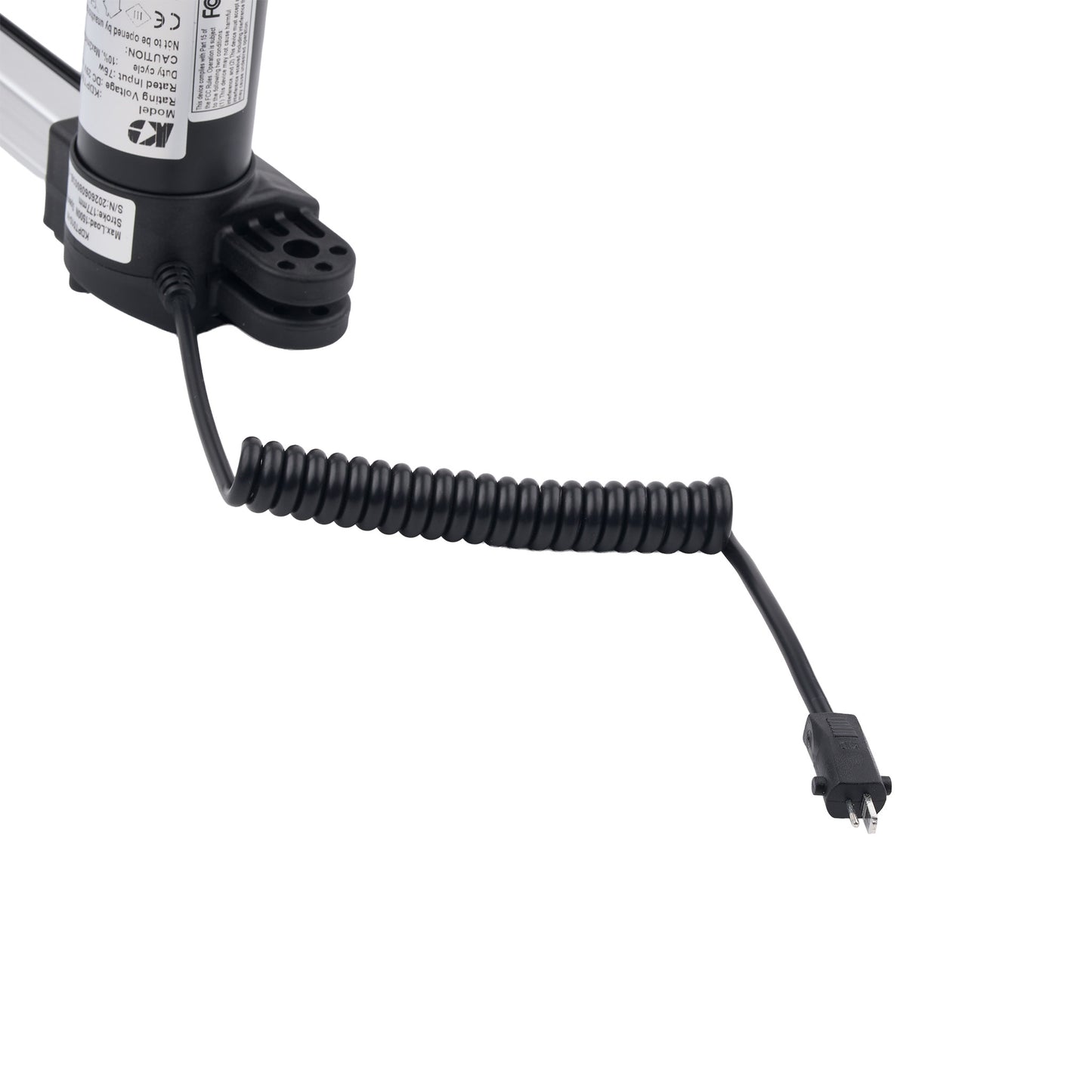 A close-up of a black coiled cable connected to a cylindrical black and white motor or sensor component on a plain white background.