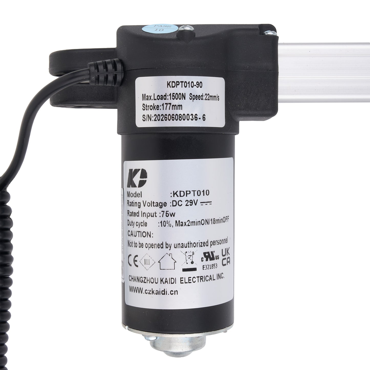 A black and silver linear motor with a coiled black cable, featuring white labels with product specifications and a KP brand logo, on a white background.