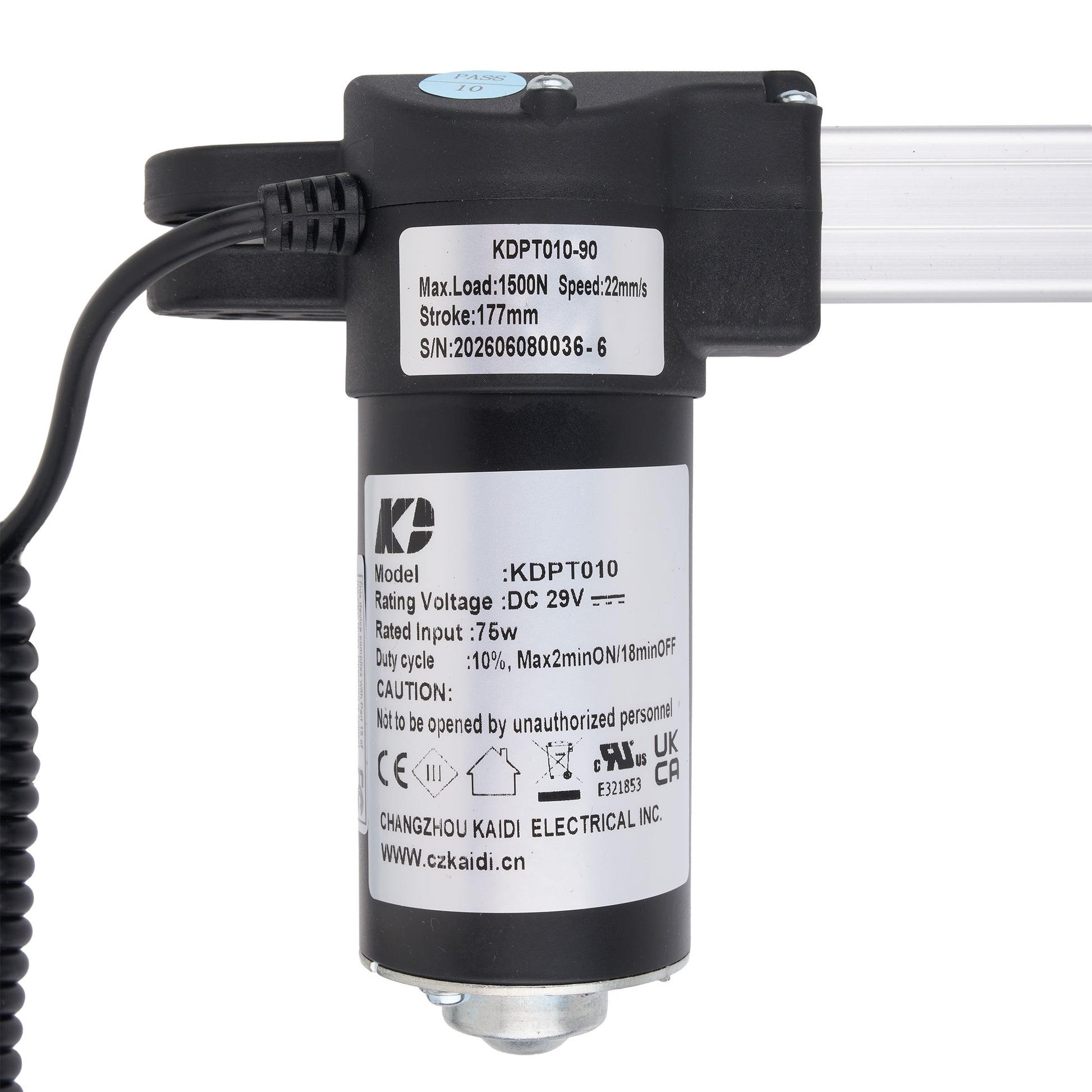 A black and silver linear motor with a coiled black cable, featuring white labels with product specifications and a KP brand logo, on a white background.