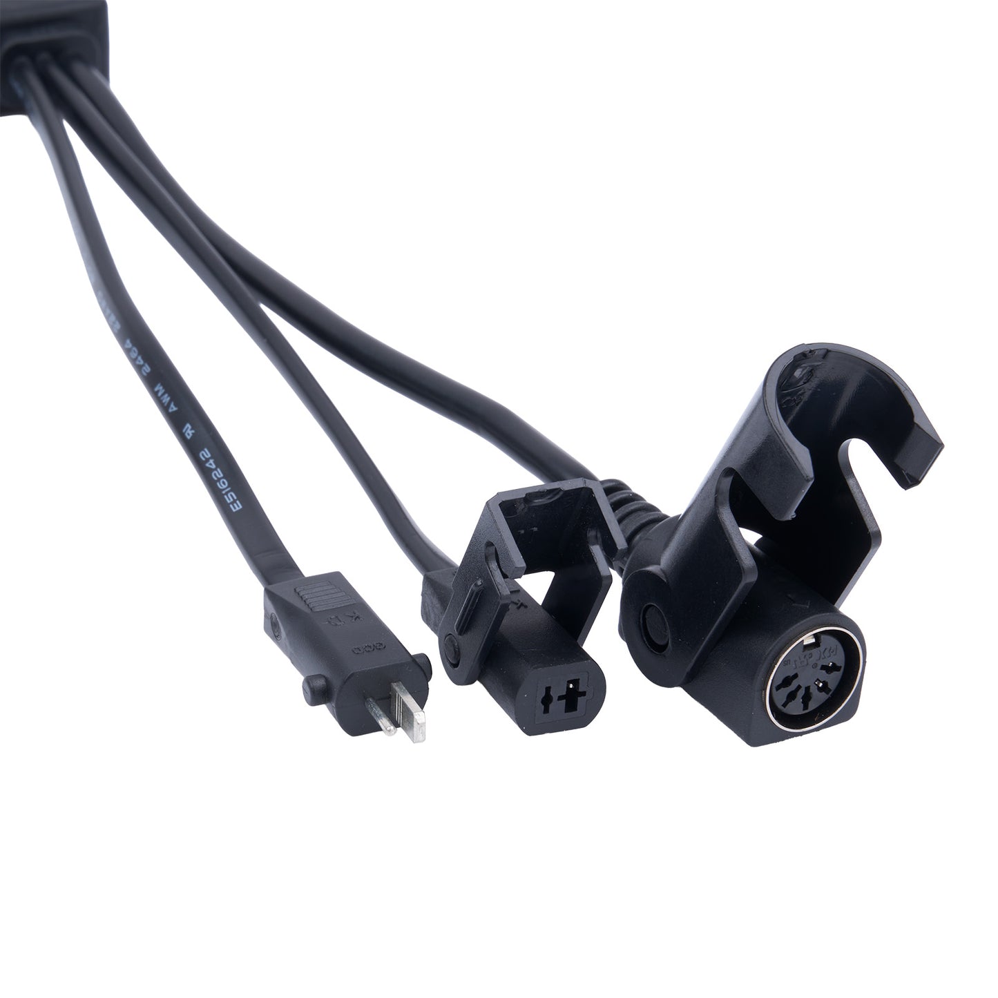 Black cable with connectors on a white background