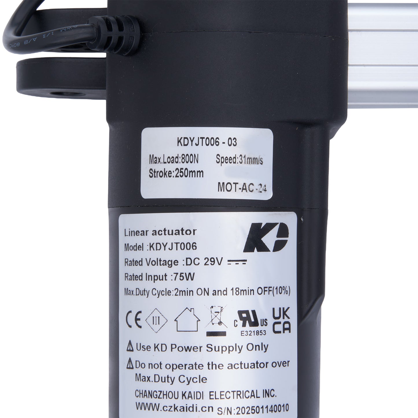 Linear actuator with specifications label on a white background
