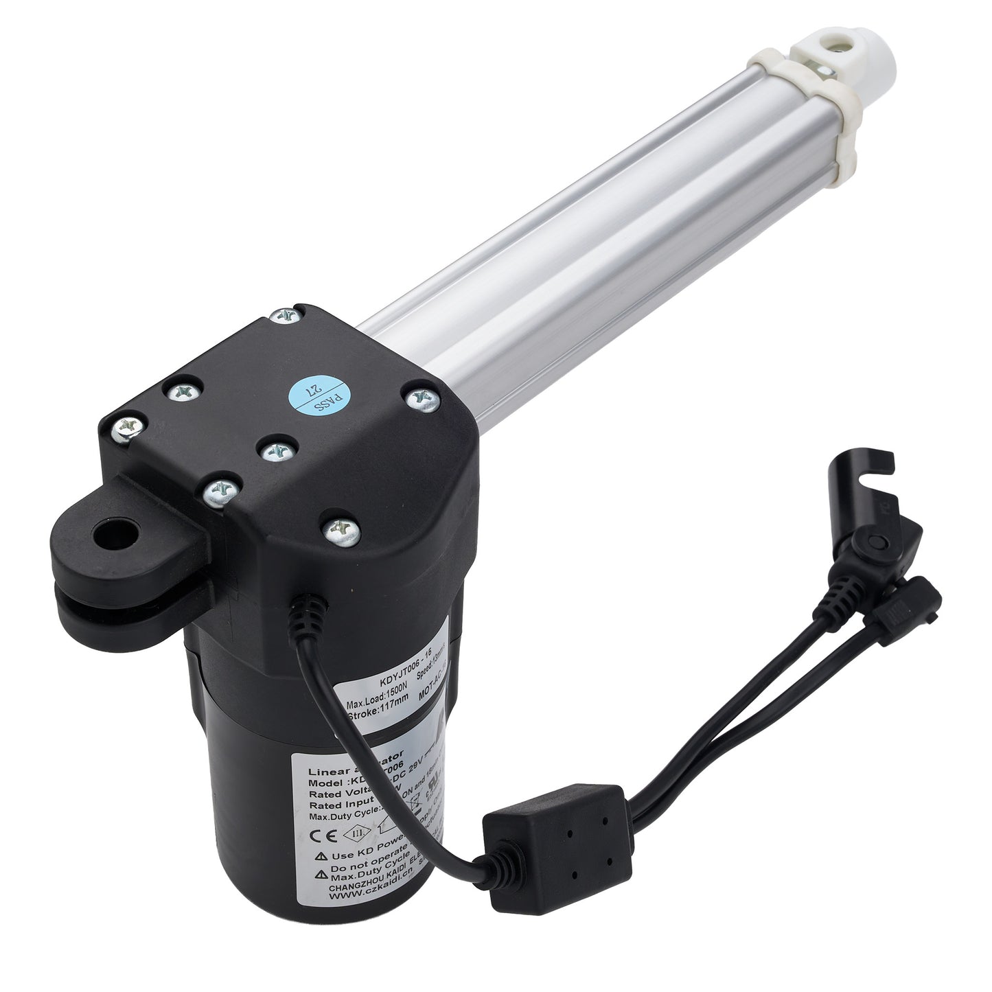 Electric actuator with a cylindrical rod on a white background