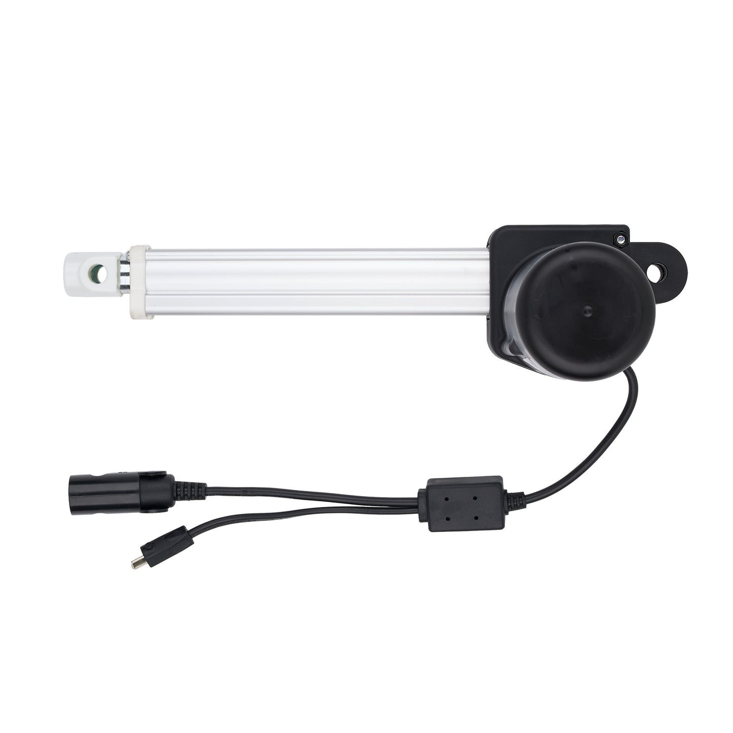 Electrical component with white tube and black connectors on a white background