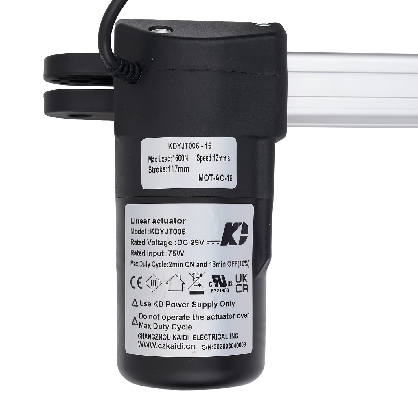 Black linear actuator with visible branding and specifications on a white background