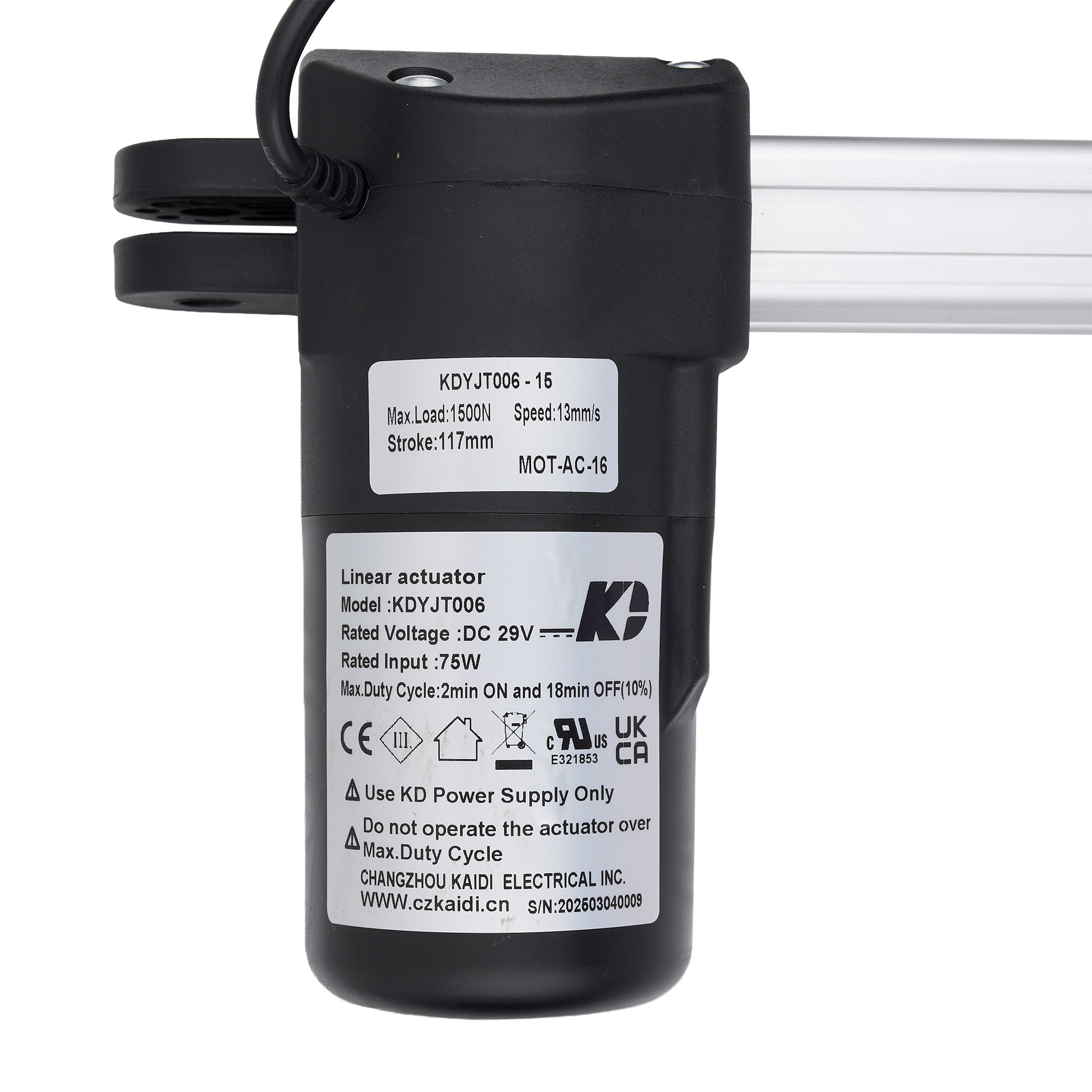 Black linear actuator with visible branding and specifications on a white background