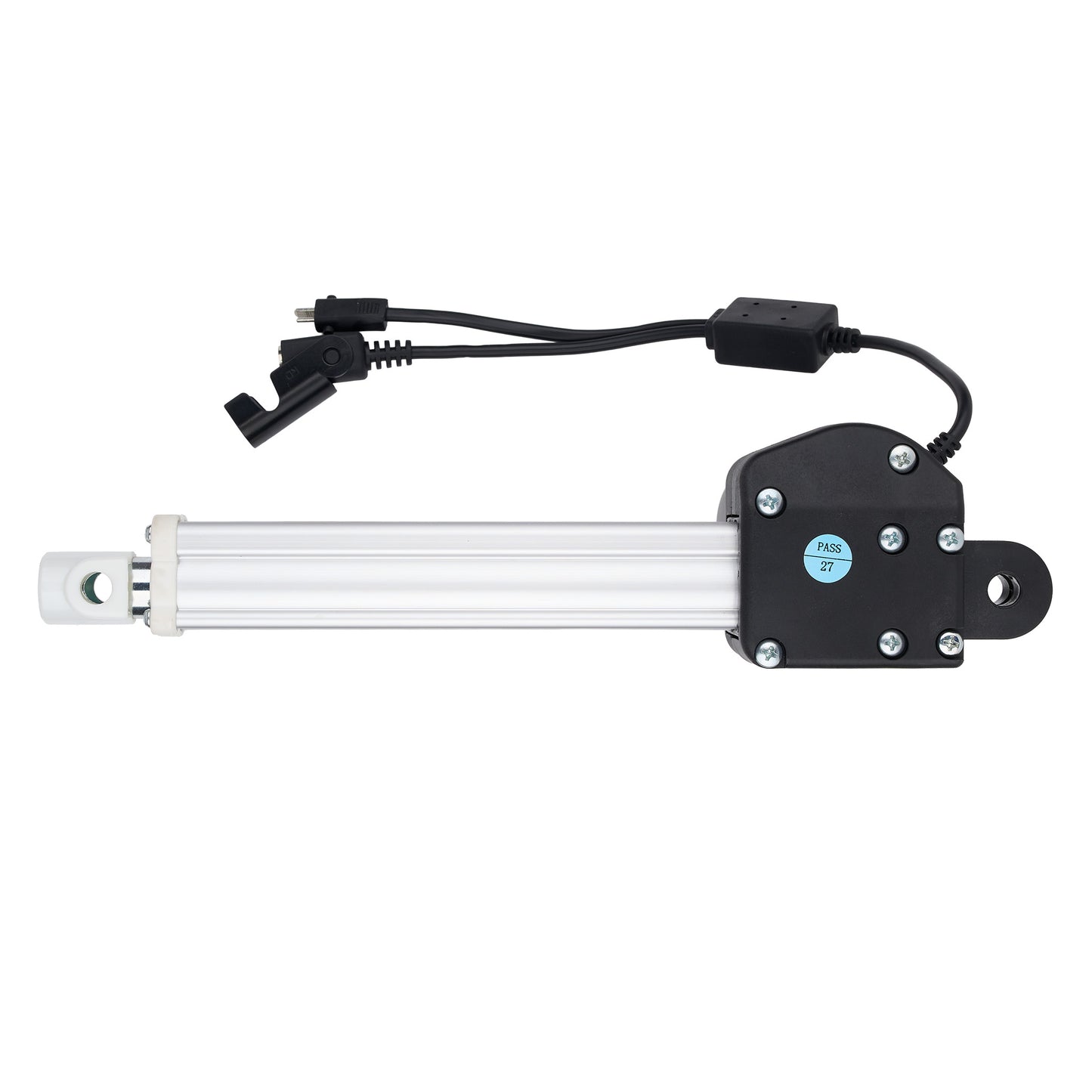 Mechanical linear actuator with power cable on a white background