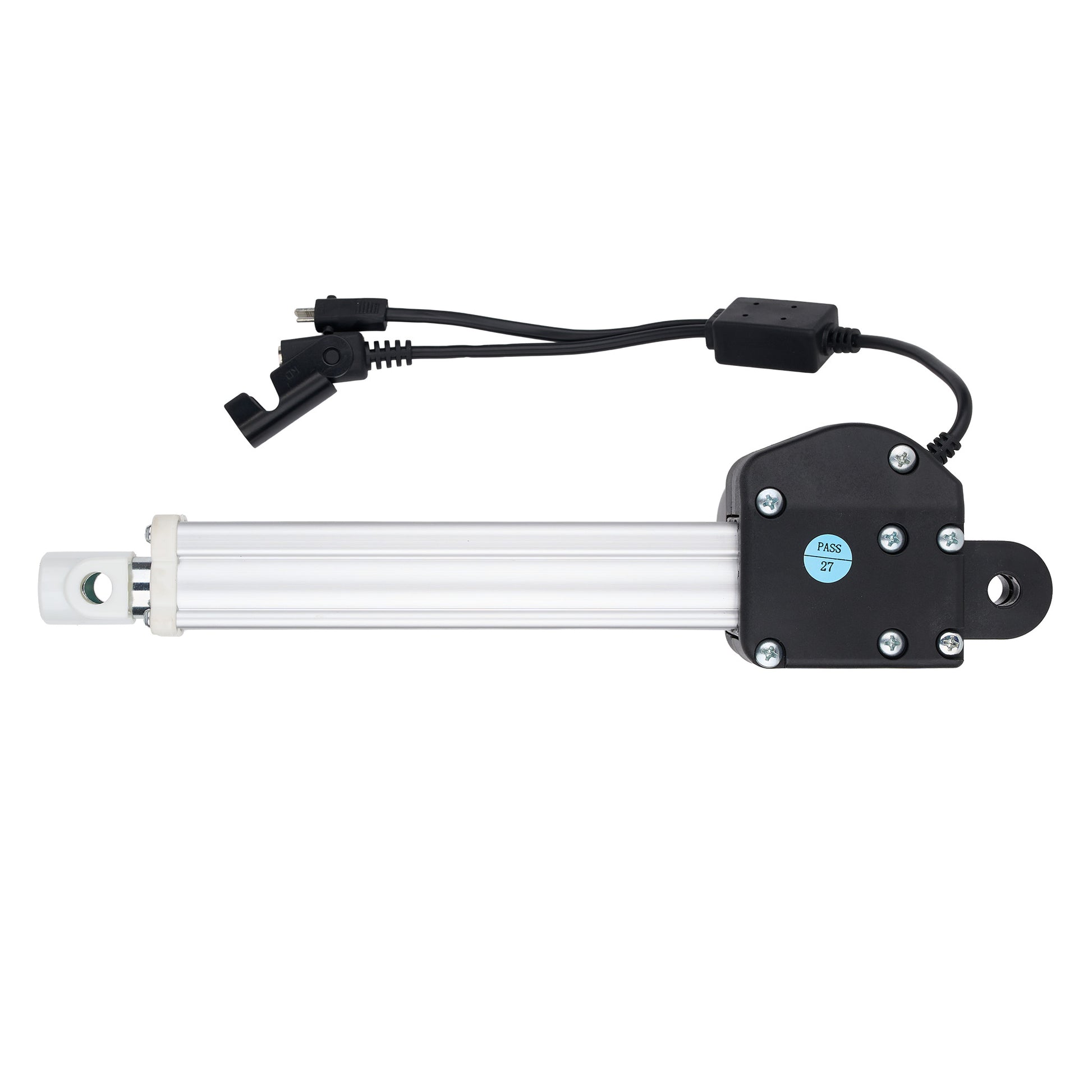 Mechanical linear actuator with power cable on a white background