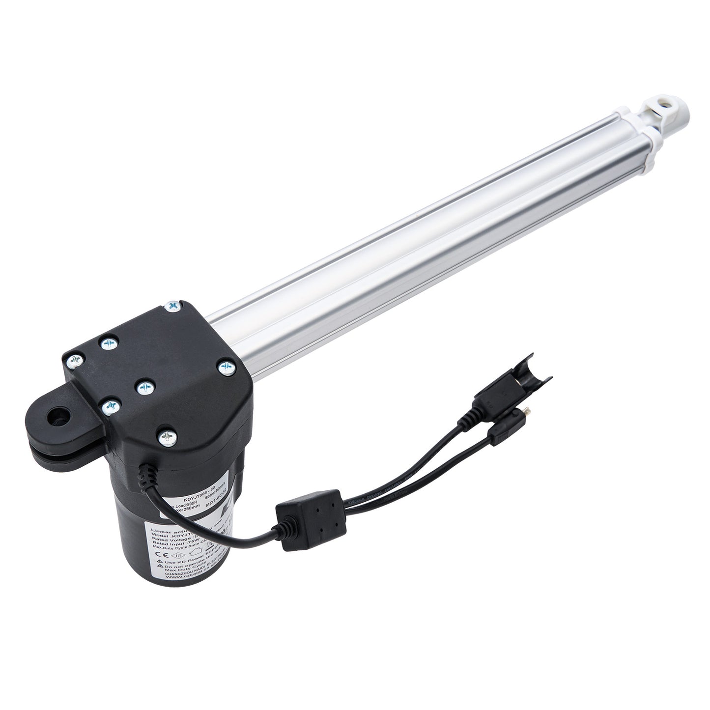 Linear actuator with black housing and cable on a white background