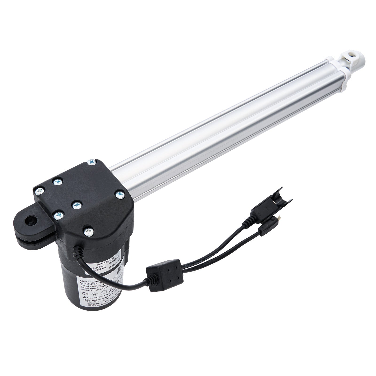 Linear actuator with black housing and cable on a white background