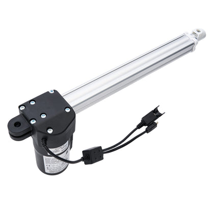 Linear actuator with black housing and cable on a white background