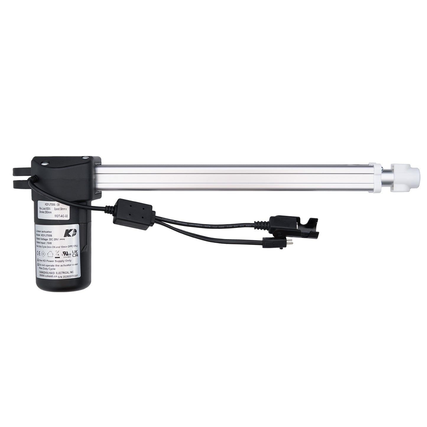 Light fixture with black housing and white lamp on a white background