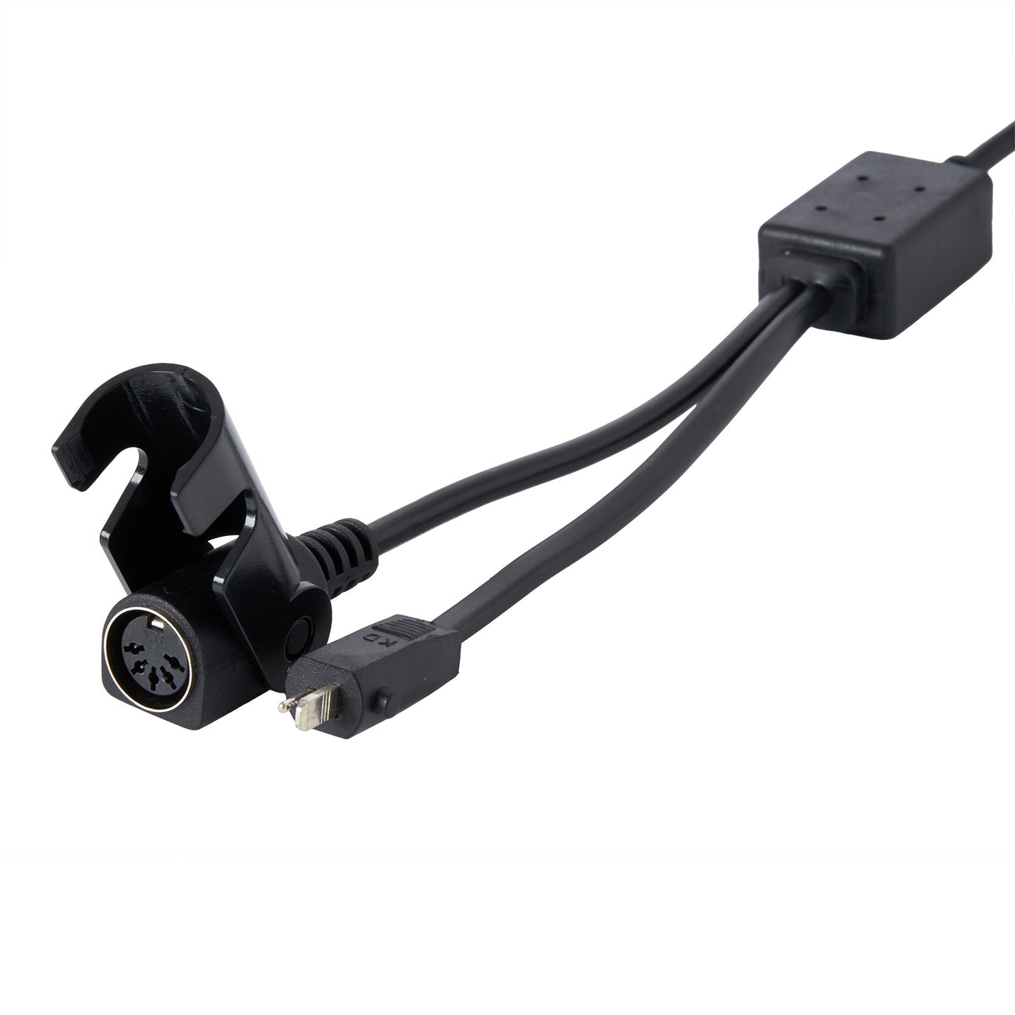 Black microphone clip with cable on a white background