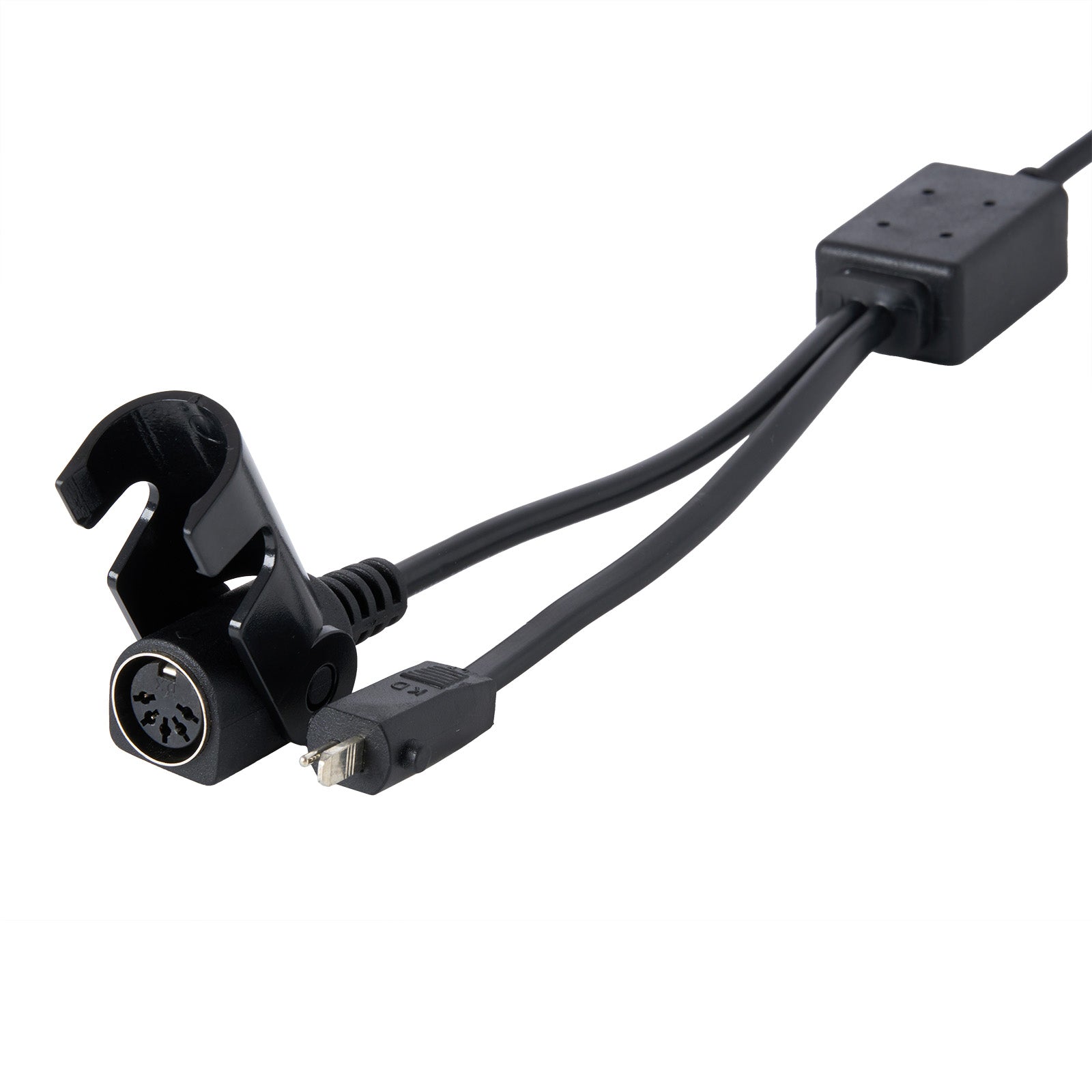 Black microphone clip with cable on a white background