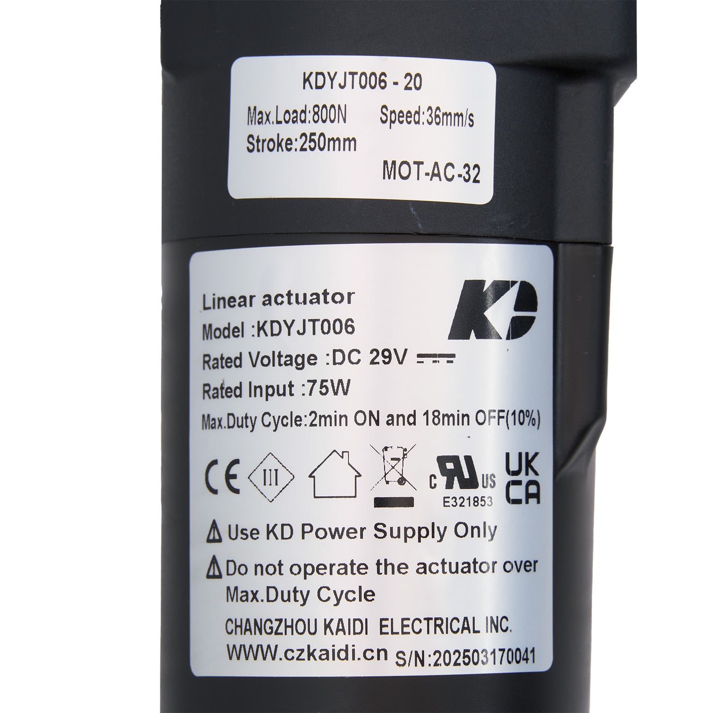 Linear actuator with specifications label on a white background