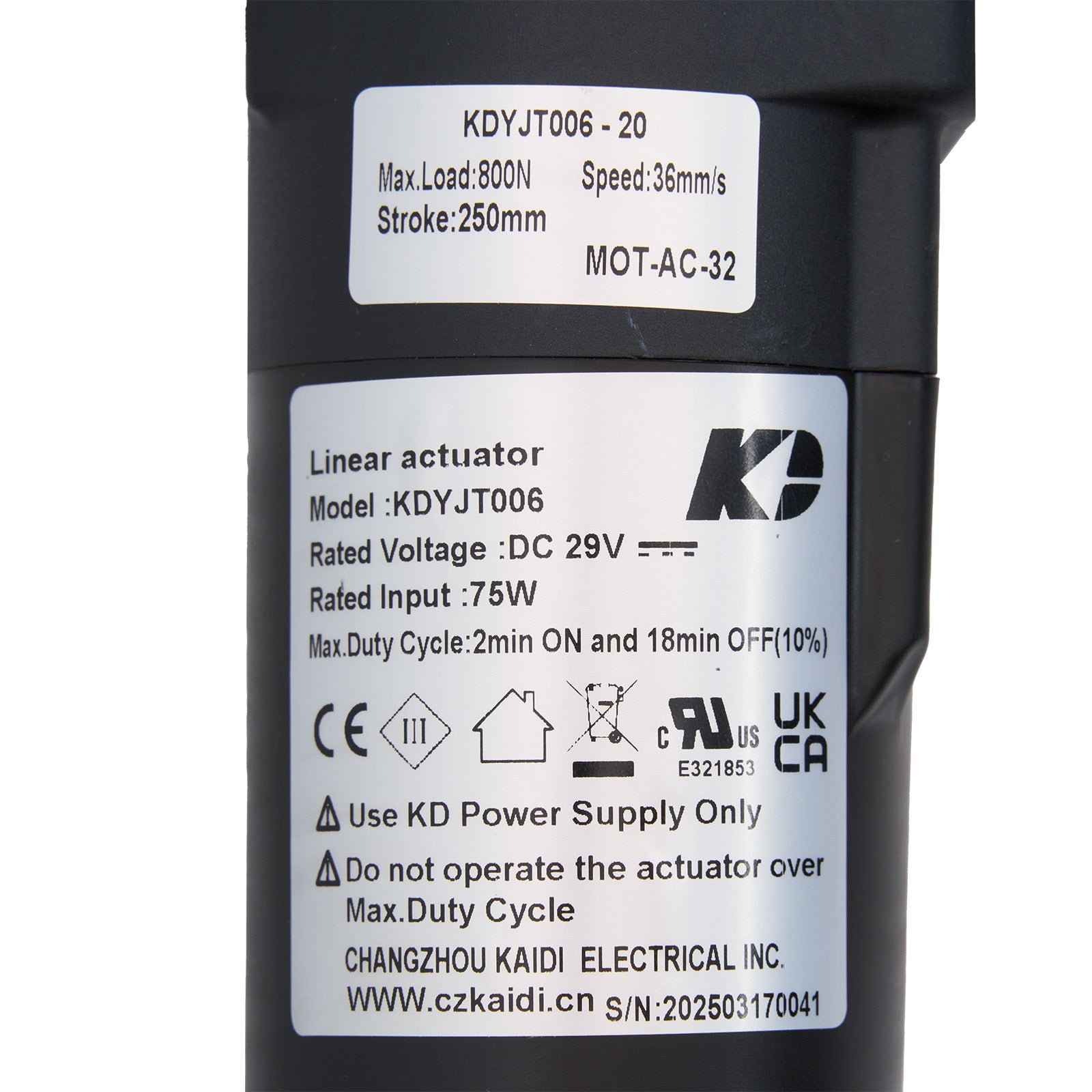 Linear actuator with specifications label on a white background