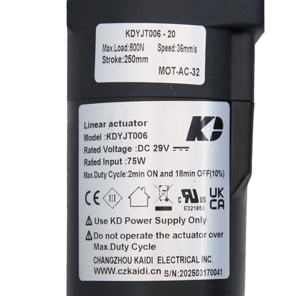 Linear actuator with specifications label on a white background