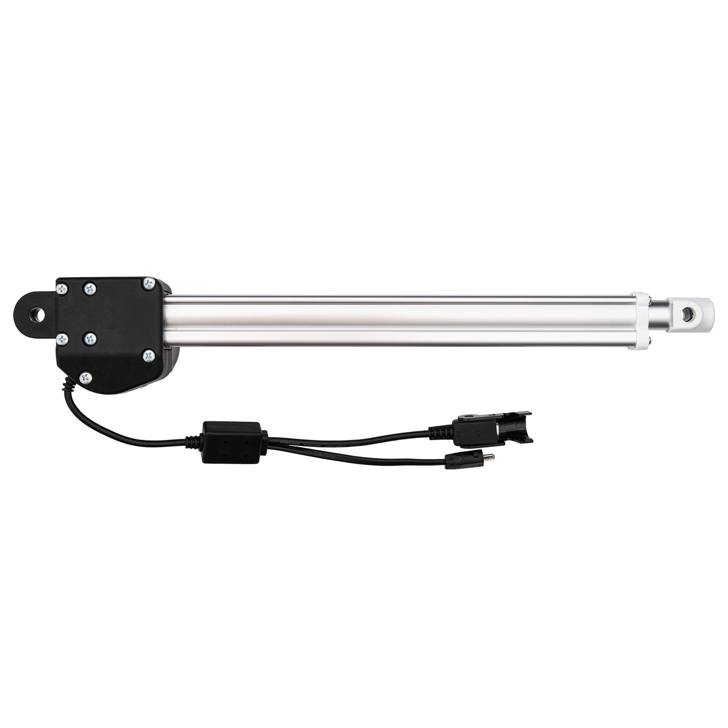 Motorized actuator with a black housing and silver rod on a white background