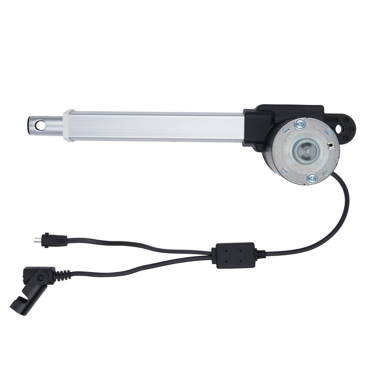 Motorized window regulator with wiring on a white background