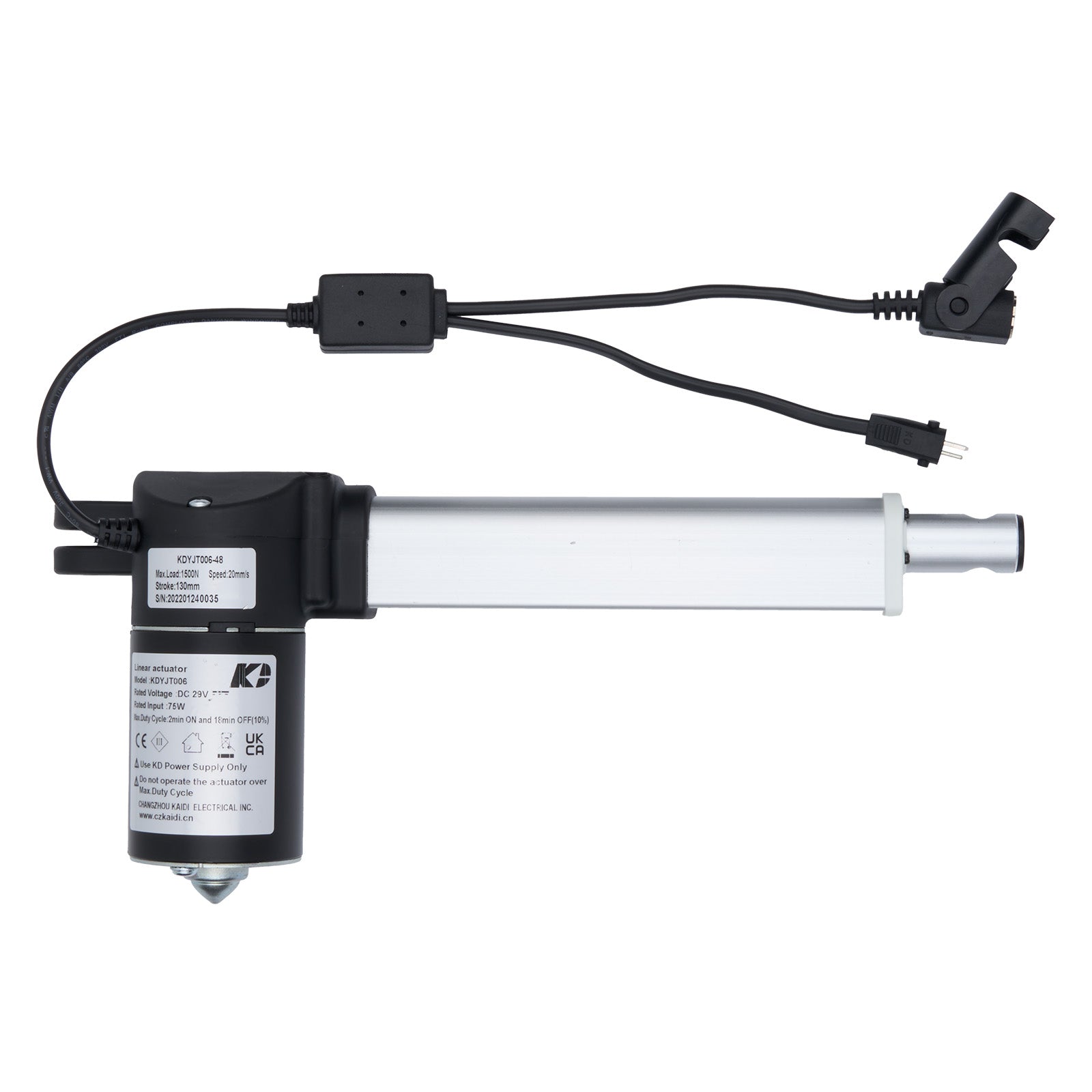 Electric linear actuator with wiring on a white background