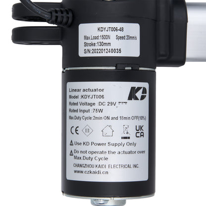 Linear actuator with specifications label on a white background
