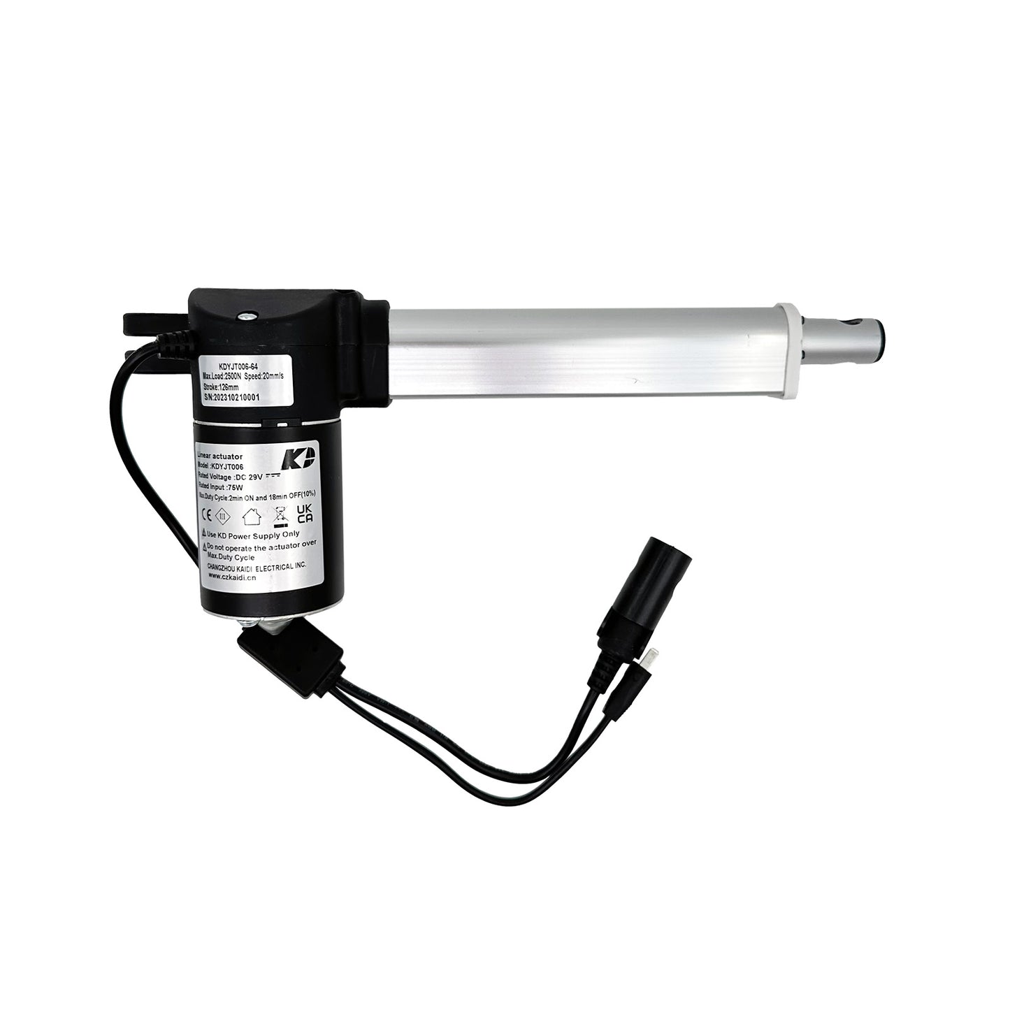 A black and silver linear actuator with a label and two cables attached to it.
