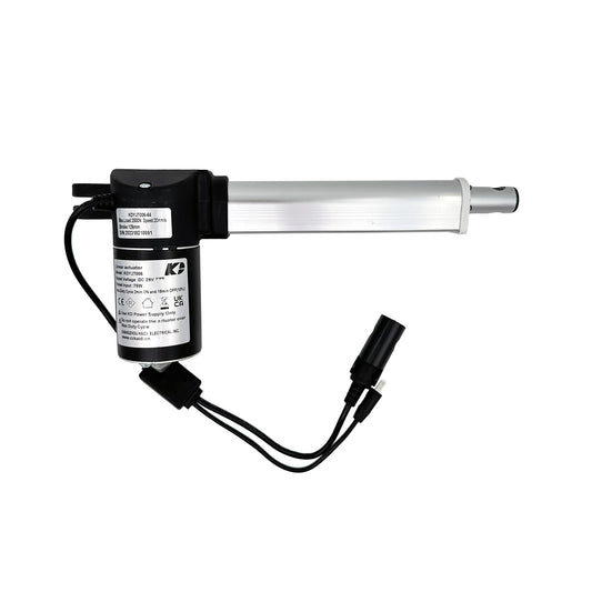 A black and silver linear actuator with a label and two cables attached to it.