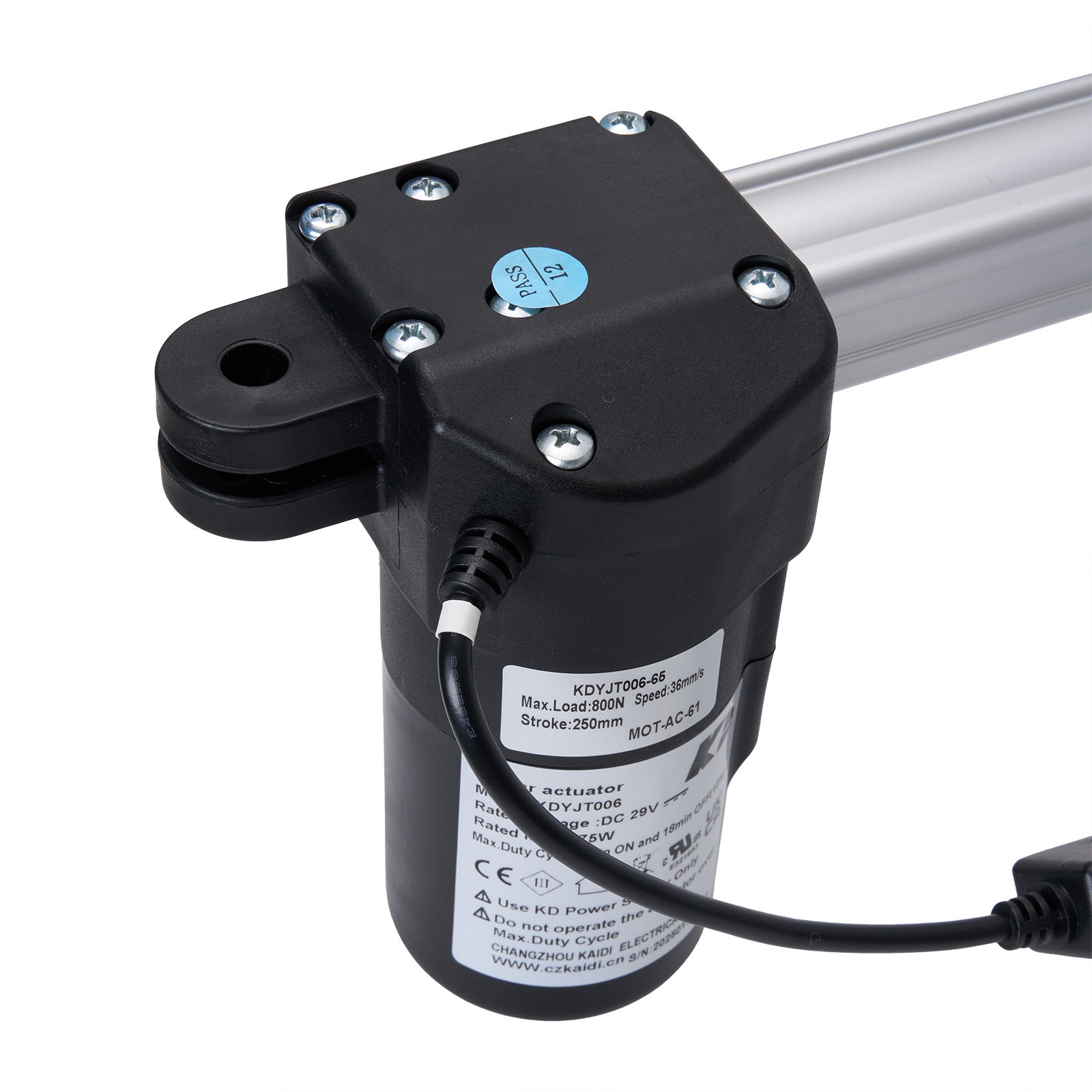 Black linear actuator with visible branding and specifications on a white background