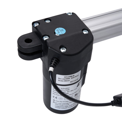 Black linear actuator with visible branding and specifications on a white background
