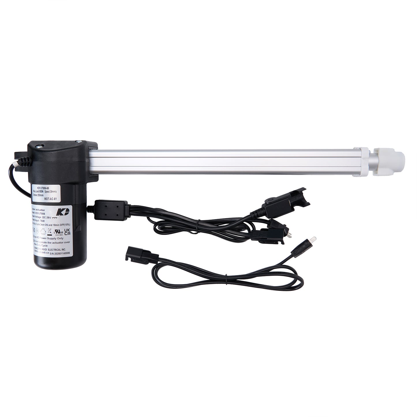 Linear actuator with power cable on a white background