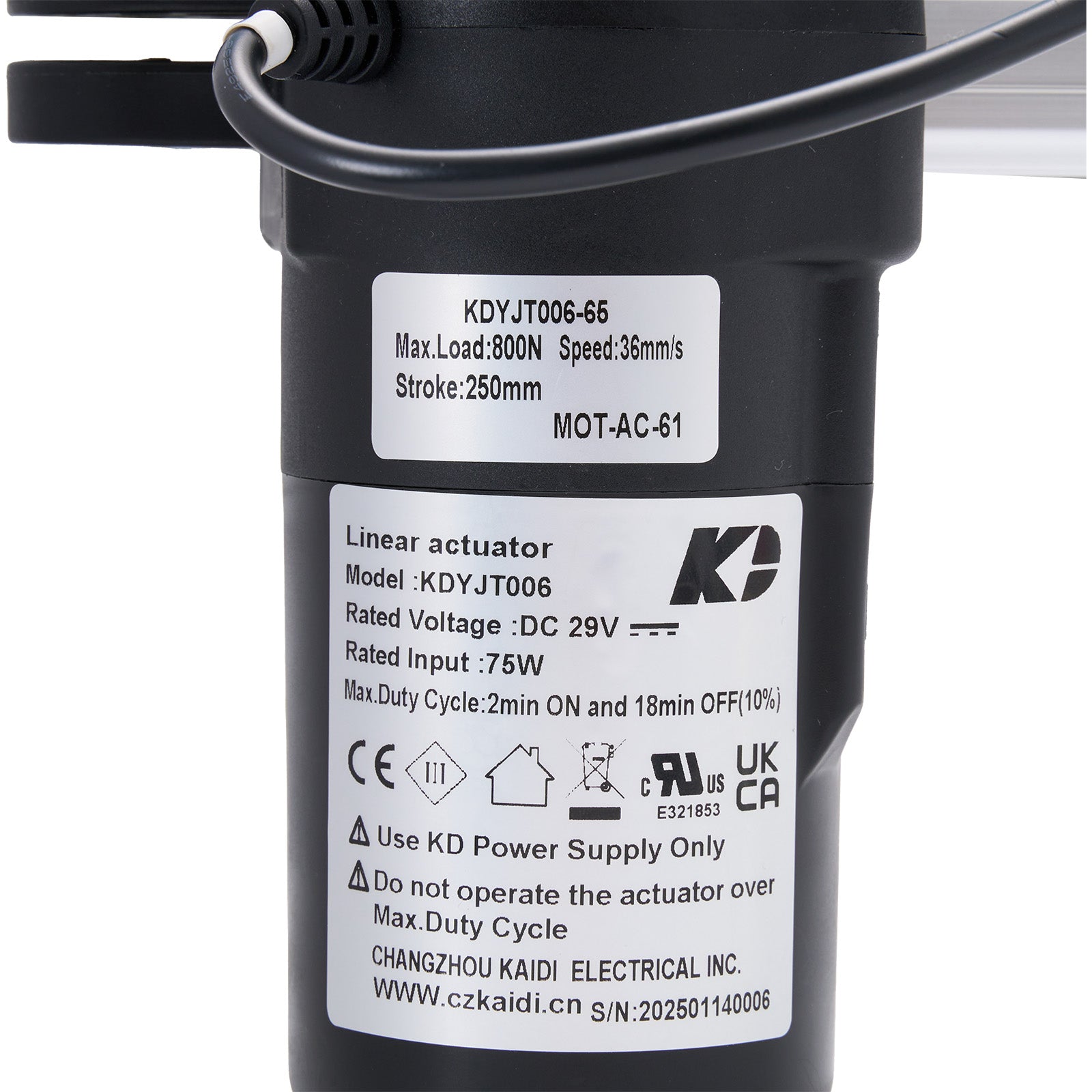 Black linear actuator with label on a white background