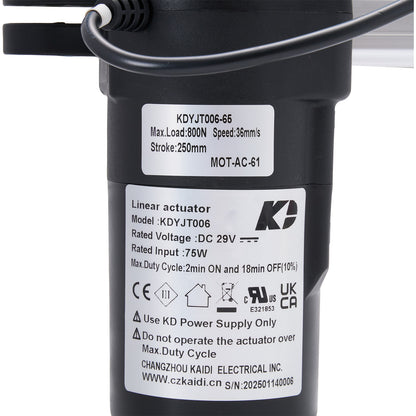 Black linear actuator with label on a white background