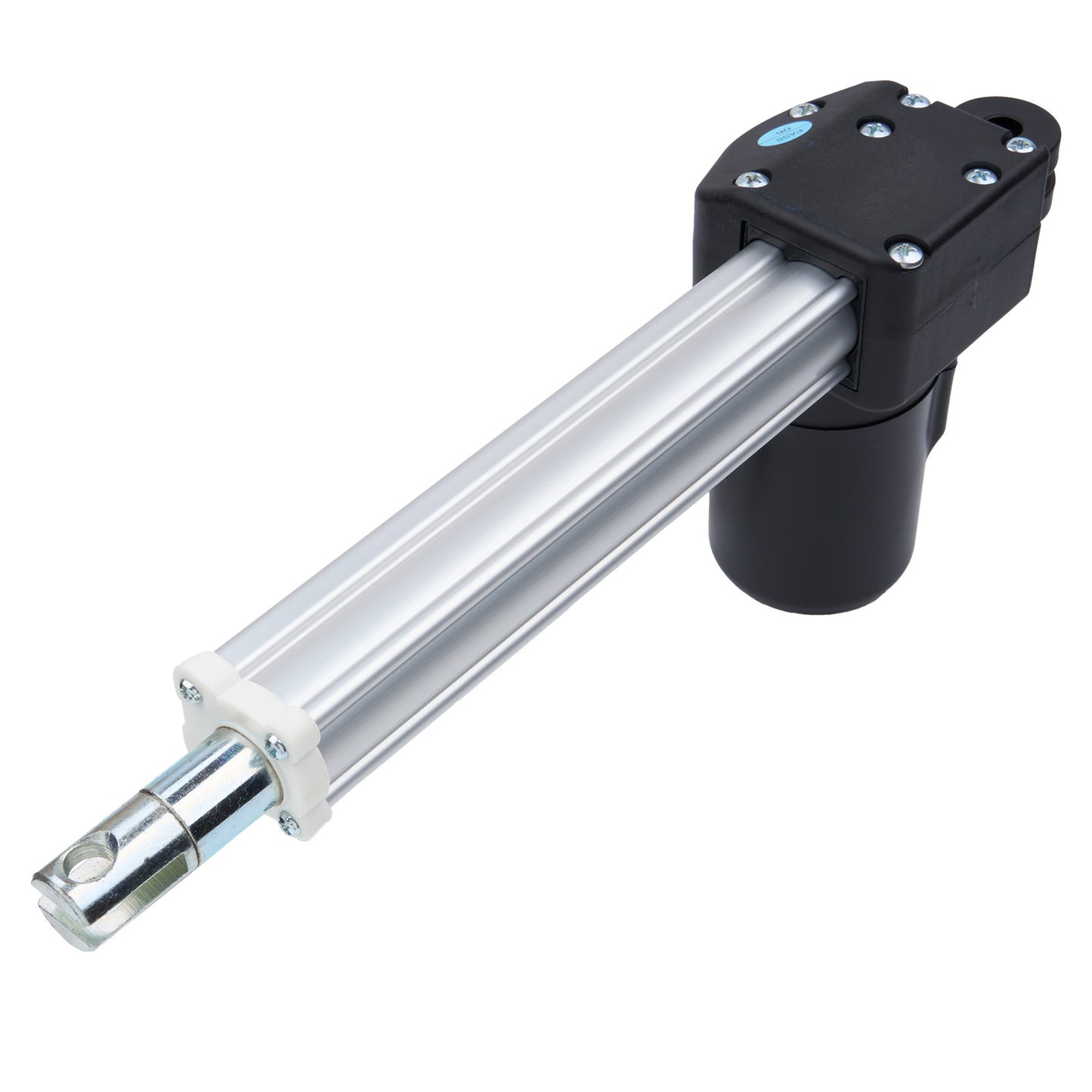 Mechanical actuator with silver cylindrical rod and black housing on a white background