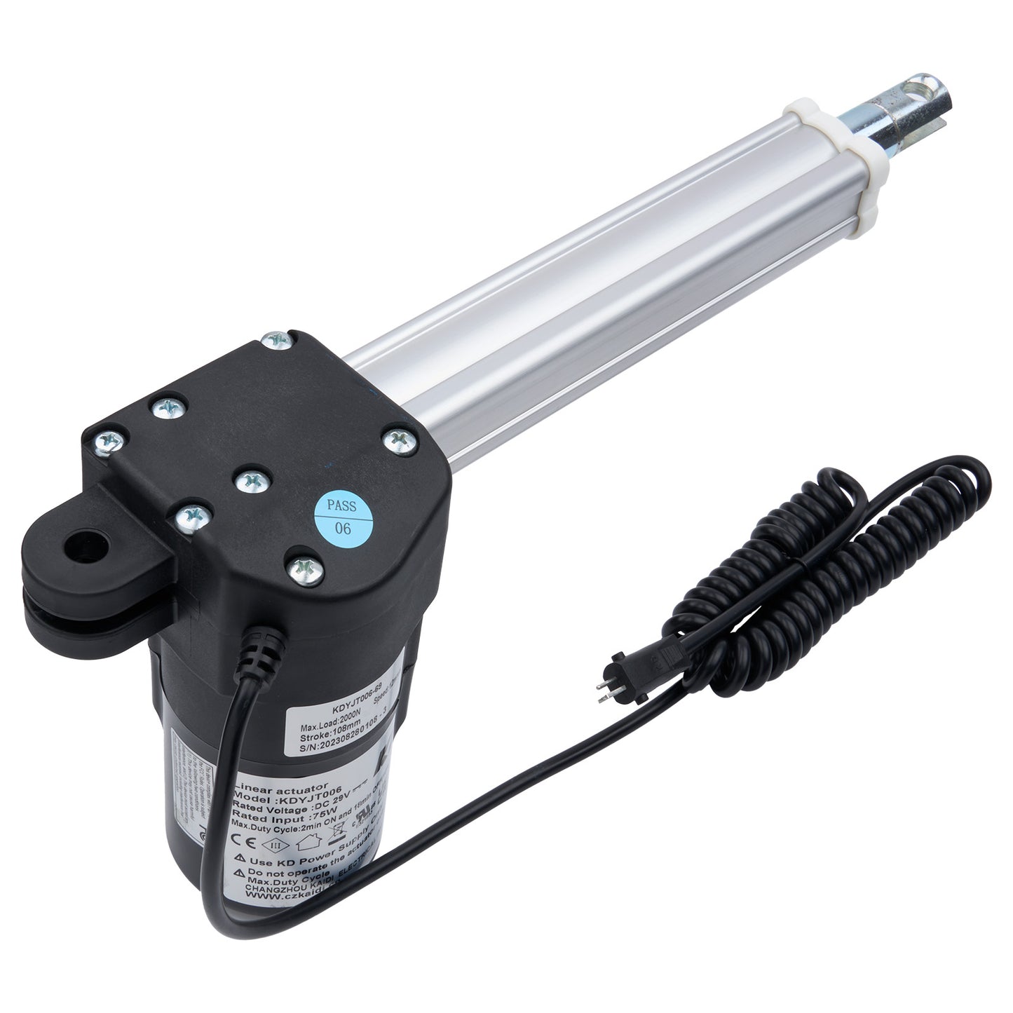 Linear actuator with black housing and coiled cable on a white background