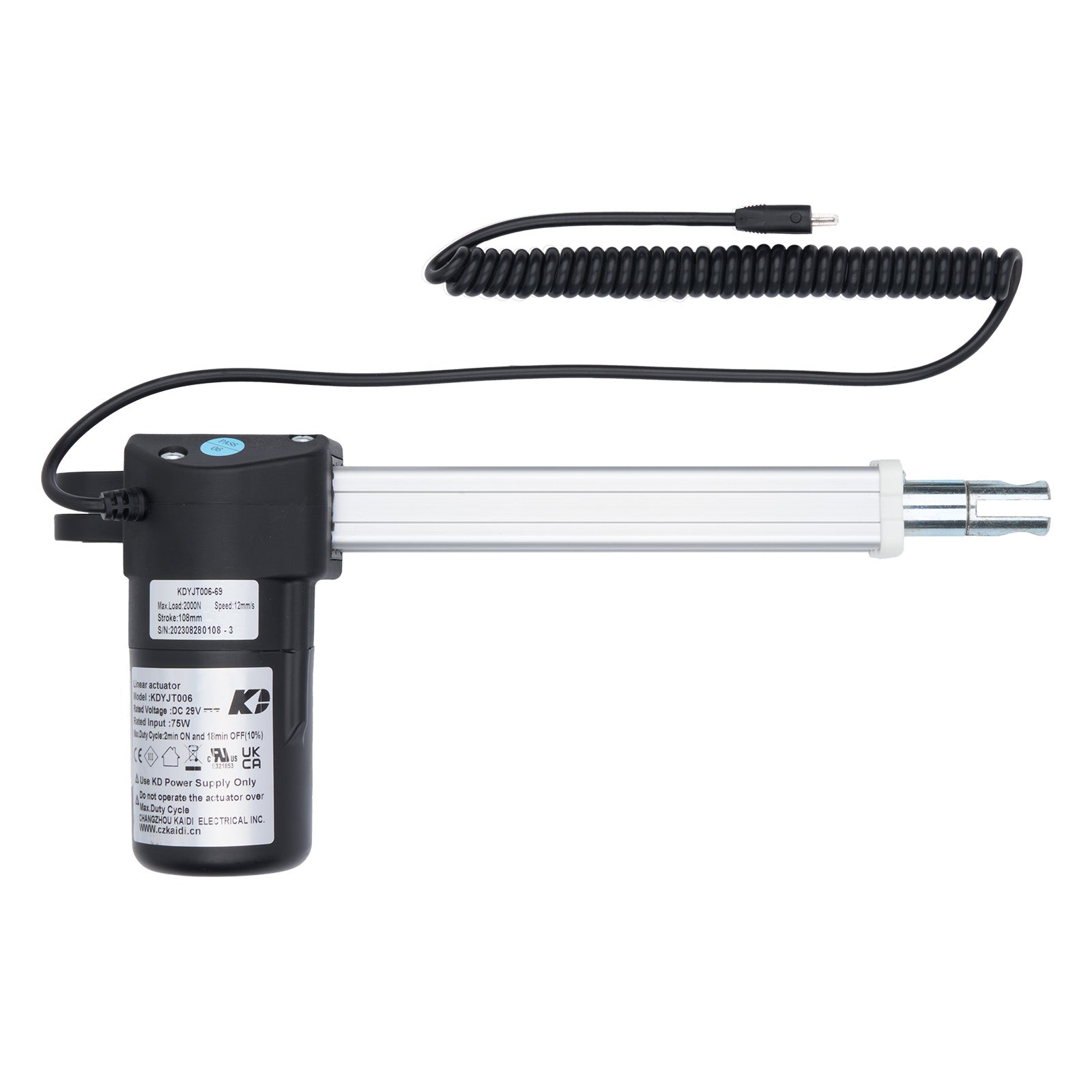 Linear actuator with black housing and coiled cable on a white background