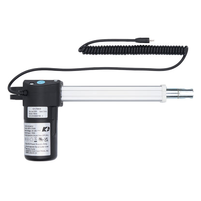 Linear actuator with black housing and coiled cable on a white background