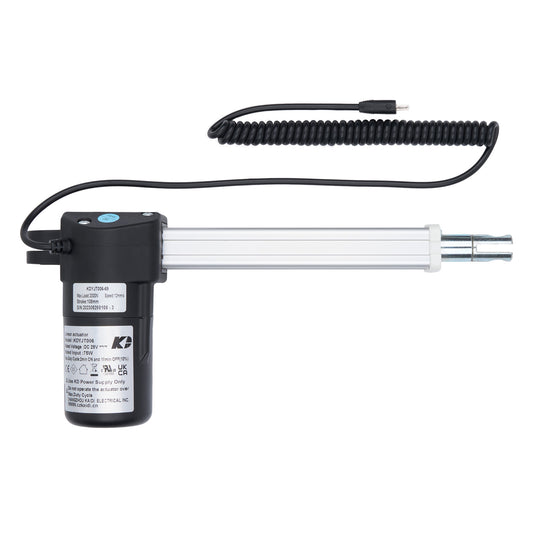 Linear actuator with black housing and coiled cable on a white background