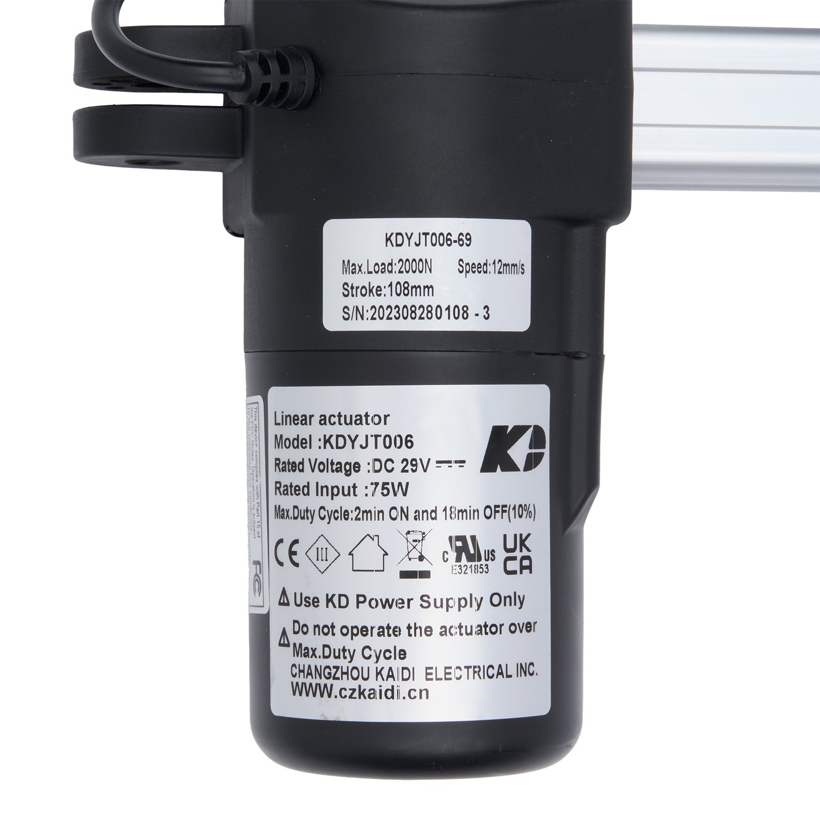 Black linear actuator with visible branding and specifications on a white background