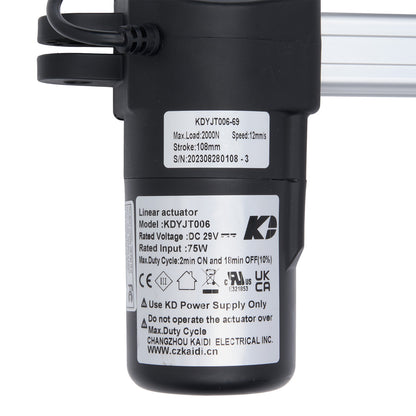 Black linear actuator with visible branding and specifications on a white background