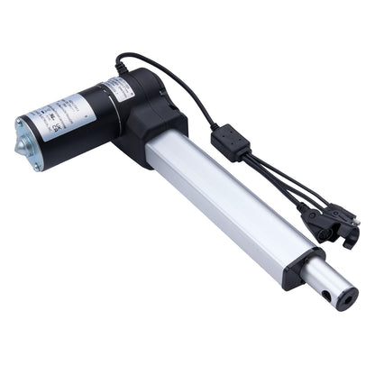 Linear actuator with black housing and white cylindrical shaft on a white background