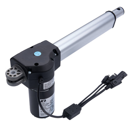 Electric actuator with a long cylindrical rod on a white background