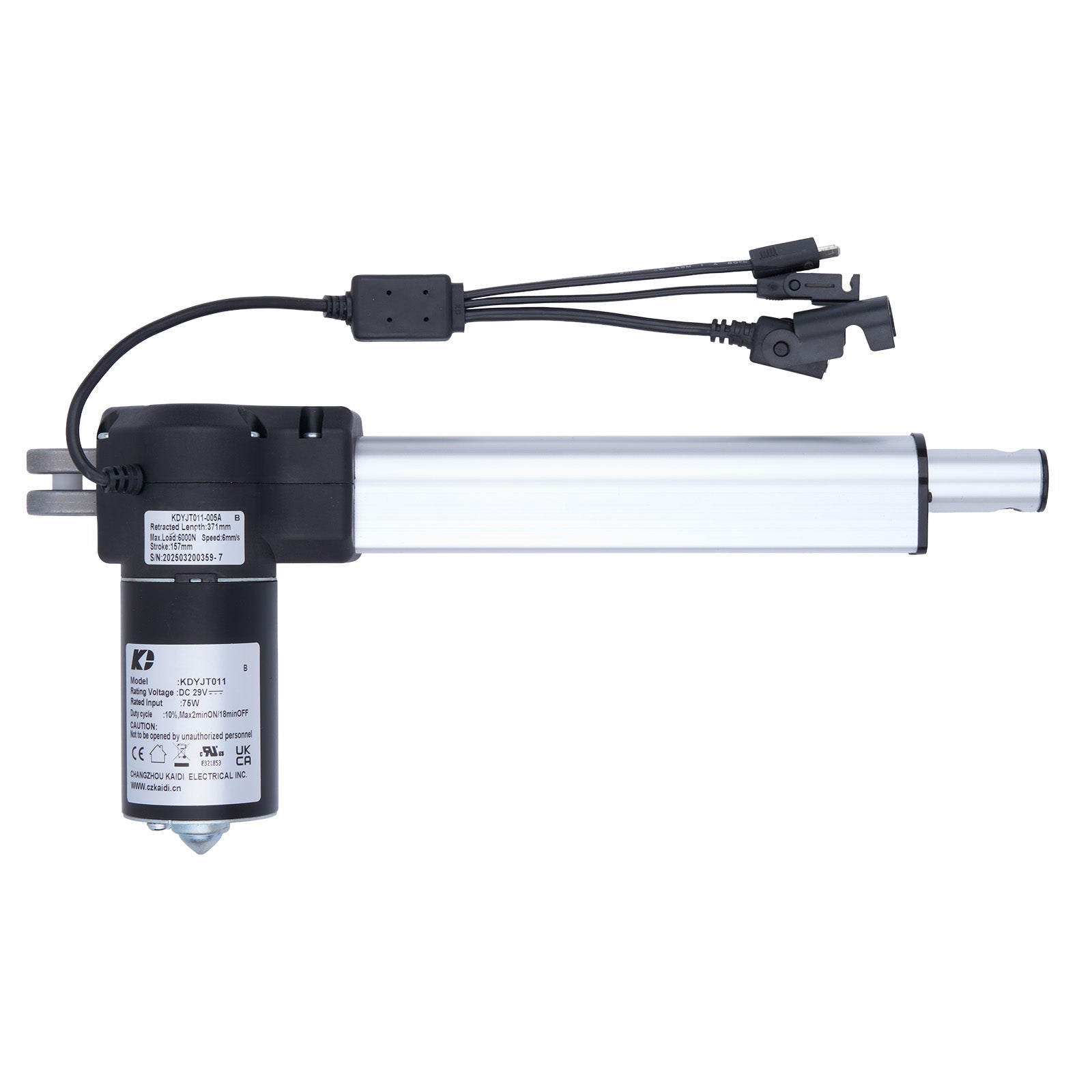 Linear actuator with wiring on a white background
