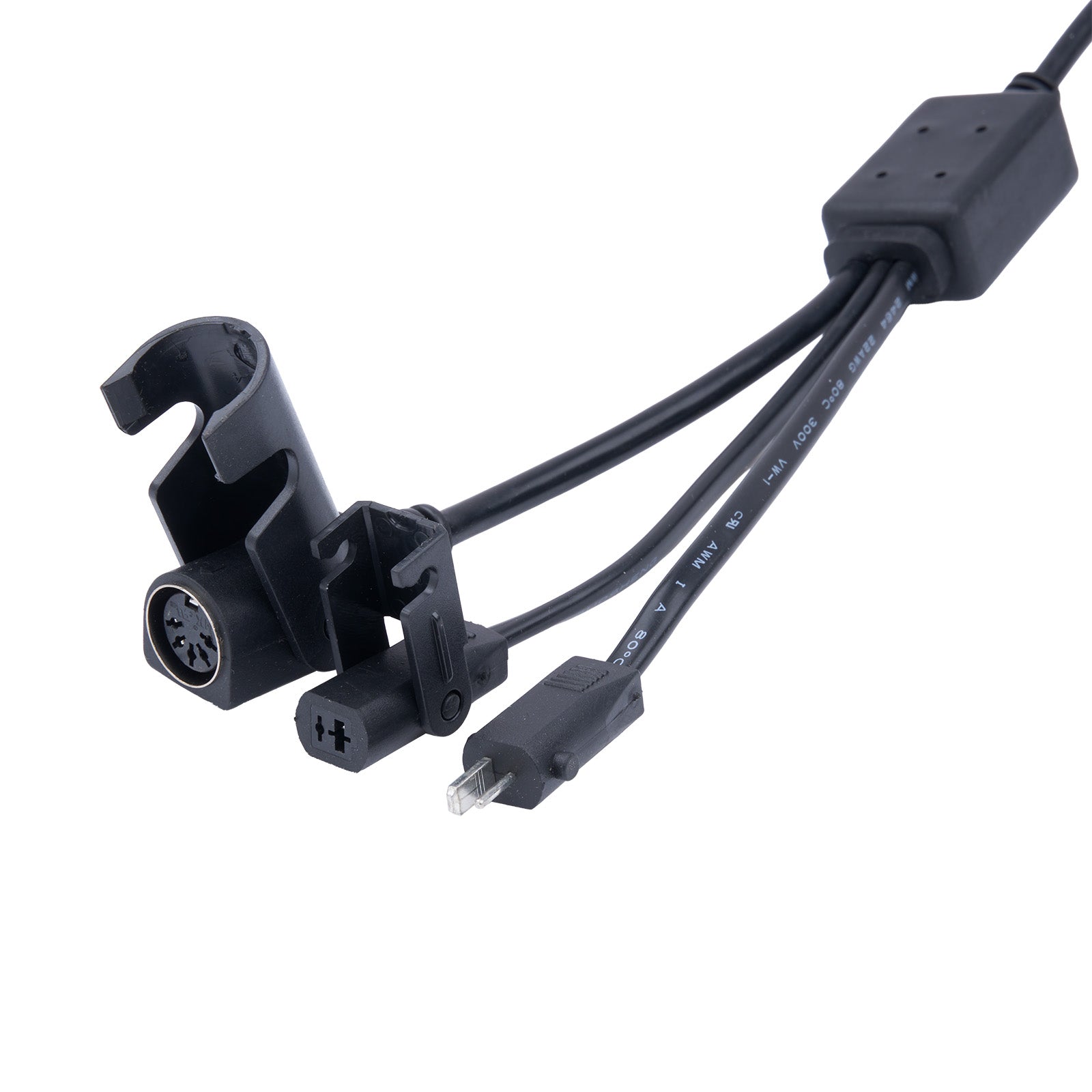 Black electronic cable with various connectors on a white background