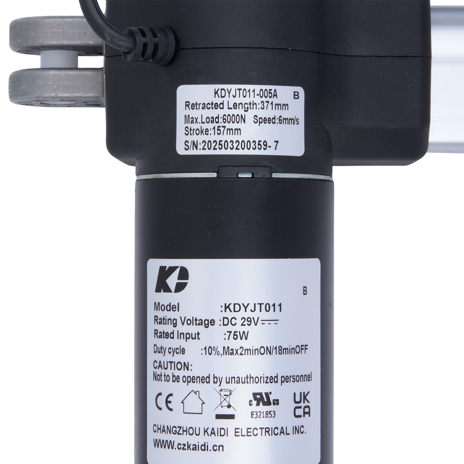 Electrical component with technical specifications label on a white background