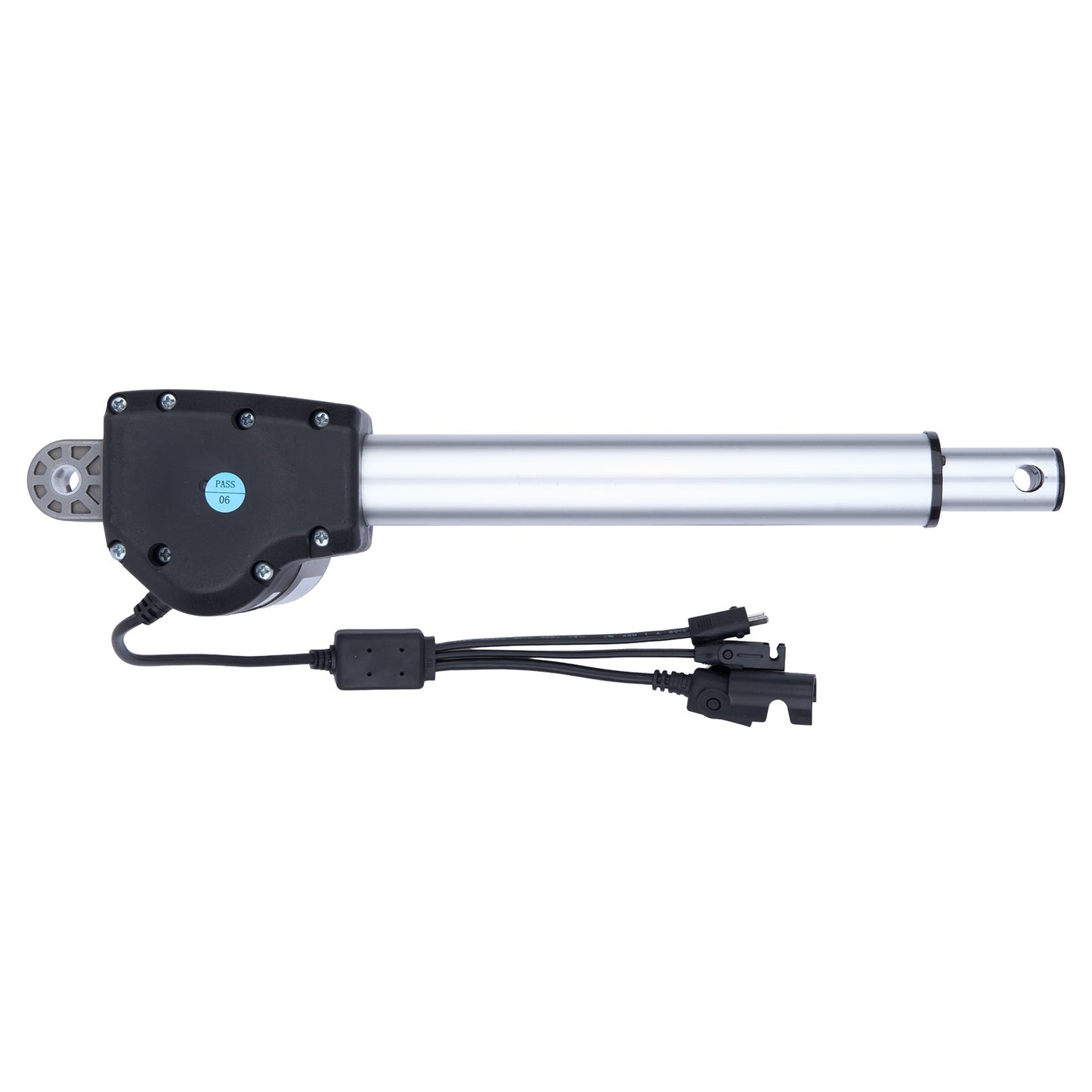 Mechanical actuator with black control panel and wiring on a white background